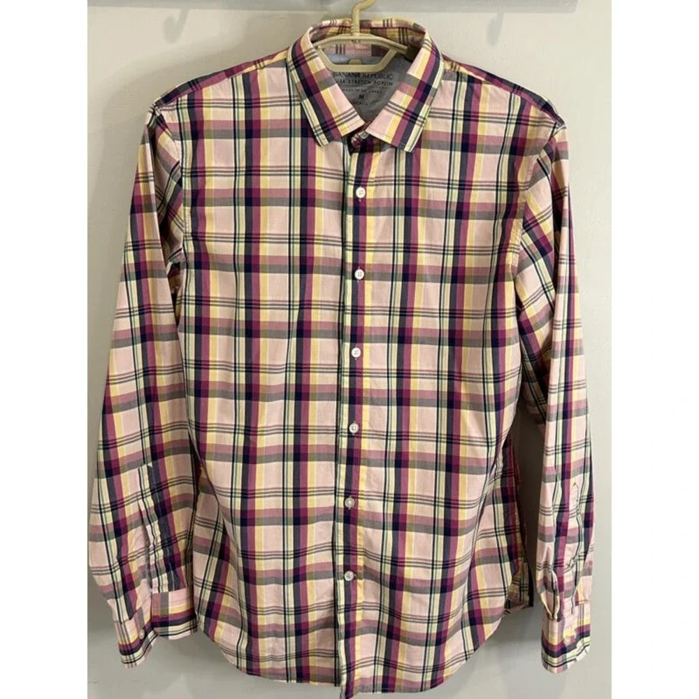 Banana Republic Luxe Stretch Poplin Grant Slim Shirt Pink Multi Plaid Button M